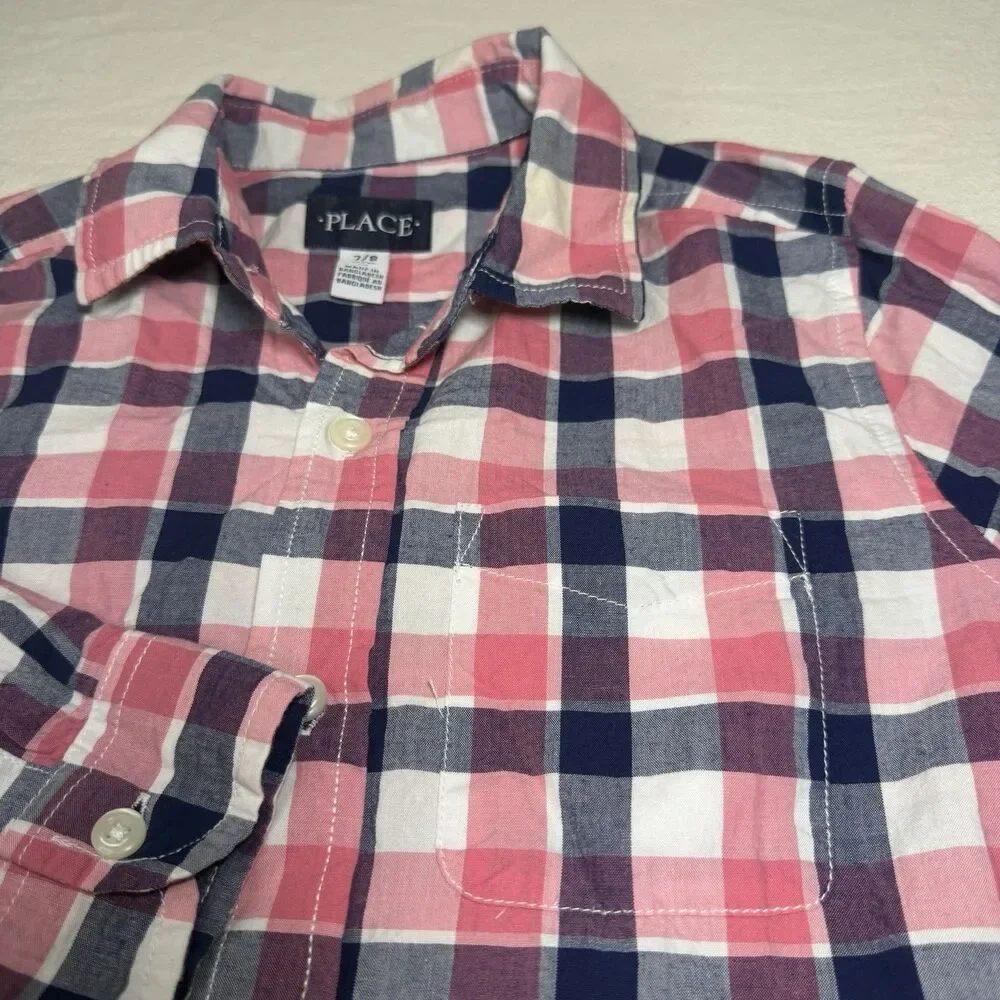Childrens Place: Boys Long-Sleeve Button-Up Dress Shirt, Pink/Navy Plaid Sz 7/8